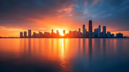 Fototapeta premium A vibrant sunrise over a modern city skyline, casting an orange glow on the water.