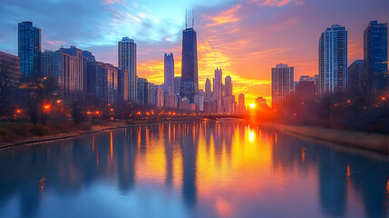 Obraz premium A vibrant sunrise over the Chicago skyline with reflections on the water.