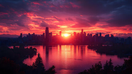 Fototapeta premium A vibrant sunrise paints the sky above a cityscape with a lake in the foreground.
