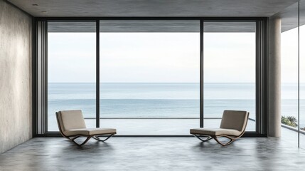 Fototapeta premium Terrace and windows with sea and beach view. Empty balcony room with panoramic glass and two chaise longues. Concrete space in beige and gray colors.
