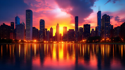 Fototapeta premium A vibrant sunset casts a colorful glow over the Chicago skyline, reflecting in the calm waters of Lake Michigan.
