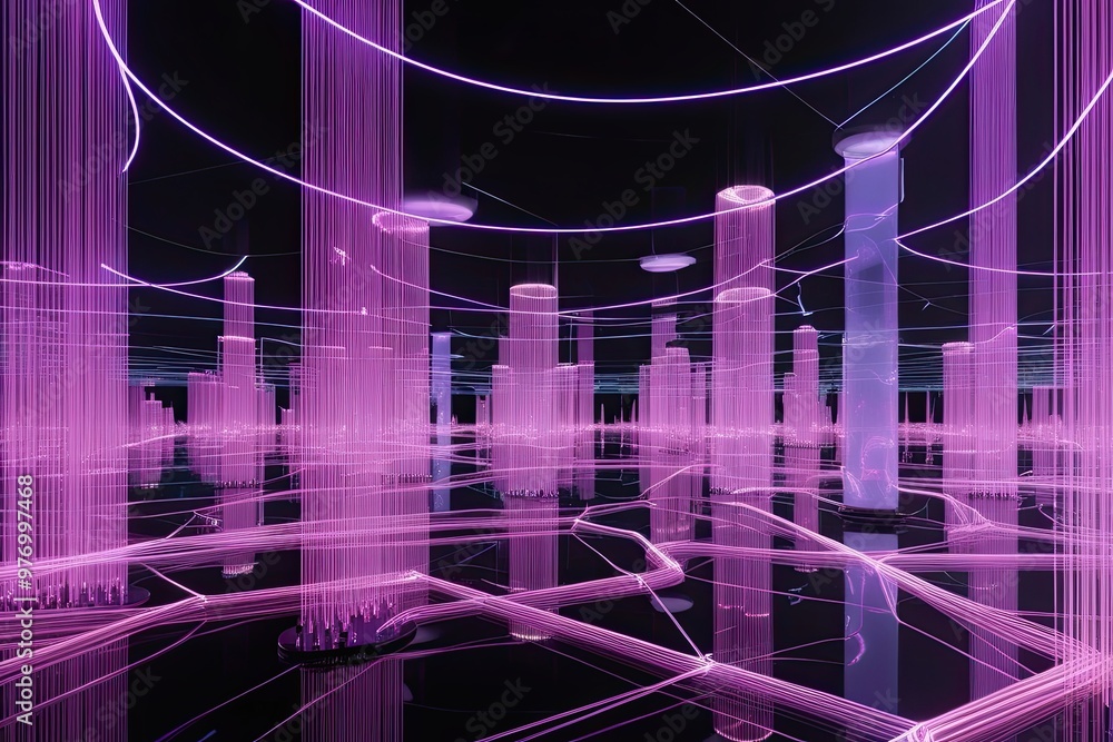Poster modern abstract space with illuminated fiber optic threads and advanced quantum technology