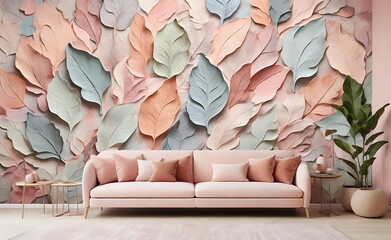 large art painted leaves on a textured wall in pastel colors photo wallpaper for the interior 