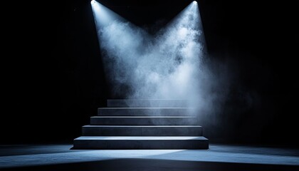 Tiered stage platform illuminated by beams of light, atmospheric smoke surrounding, dark industrial setting, cinematic and moody performance or award scene