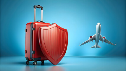 Travel insurance concept with a red shield protecting a luggage suitcase and airplane trip, travel insurance, protection