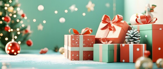Festive gift boxes adorned with ribbons, surrounded by a cheerful holiday atmosphere and soft winter decorations.