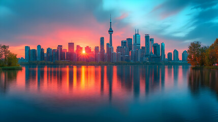 Fototapeta premium A vibrant sunset casts a golden glow over the Toronto skyline, reflected in the calm waters of Lake Ontario.