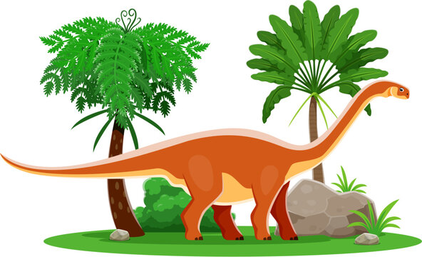 Cartoon dinosaur, prehistoric character of Cetiosaurus in jungle forest, vector Jurassic lizard. Prehistoric funny dinosaur character or Cetiosaurus dino with for prehistory kid toy lizard or reptile