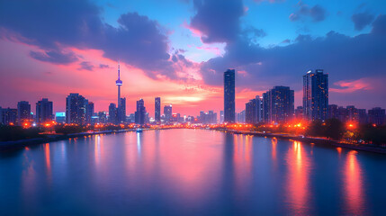 Fototapeta premium A vibrant sunset casts a warm glow over a city skyline, reflected in the calm waters of a river. The city's lights begin to twinkle, creating a stunning contrast against the fading light.