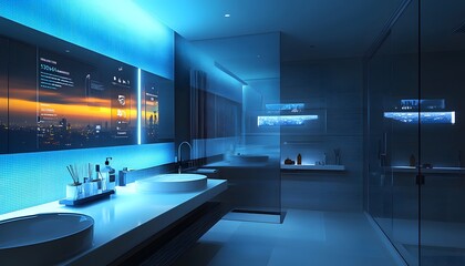 Modern bathroom featuring sleek design, ambient lighting, and futuristic mirrored screens, perfect for contemporary aesthetics.
