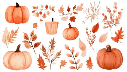 In this watercolor illustration, an orange and white pumpkin is surrounded by leaves on an isolated white background. An autumn set of elements on an isolated white background, is also illustrated by