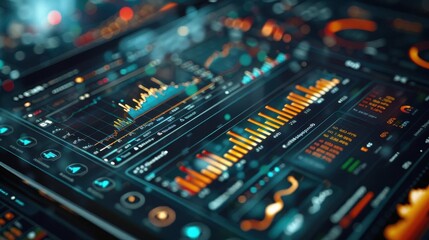Fototapeta premium Close-up of futuristic data analysis dashboard with glowing graphs and charts, representing technology and financial trends.