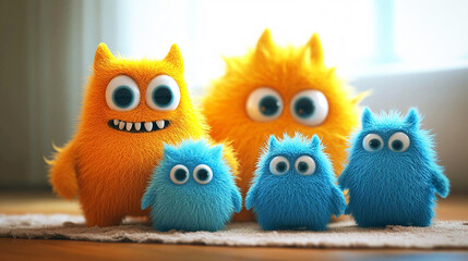 Fototapeta premium Monster family, cute and cuddly, playing together, 3D illustration