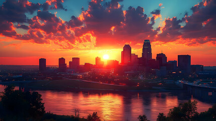 Fototapeta premium A vibrant sunset casts a warm glow over a cityscape with a river flowing through it.