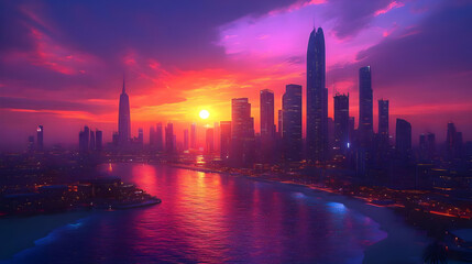 Fototapeta premium A vibrant sunset casts a warm glow over a modern city skyline with tall buildings reflected in the water.