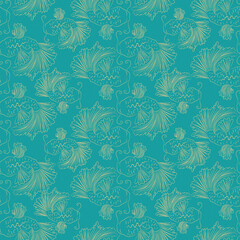 Print with koi fish in  line style hand drawn. Seamless pattern in Japanese style for decoration, print, textile, wallpaper, poster,  designs. Illustration with noise grain