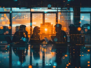 Silhouetted team members in a modern office at sunset, discussing business strategies with a digital overlay of data and technology concepts.
