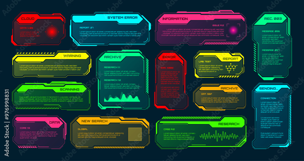 Fototapete futuristic hud or ui elements. sci-fi user interface text boxes, callouts. colorful warning message 