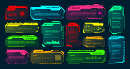 Futuristic HUD or UI elements. Sci-fi user interface text boxes, callouts. Colorful warning message frame, information boxes template. Modern game interface layout, digital style. Vector illustration
