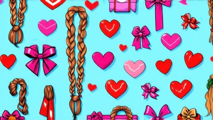 Seamless pattern with various cartoon bow knots, gift ribbons. Trendy hair braiding accessory. Hand drawn vector illustration. Valentine's day background
