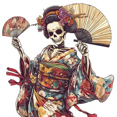Obraz premium Skeleton Geisha in Traditional Kimono with Floral Motifs and Hand Fans.