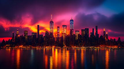Fototapeta premium A vibrant sunset casts a warm glow over the New York City skyline. The city's towering skyscrapers are silhouetted against the colorful sky, creating a dramatic scene.