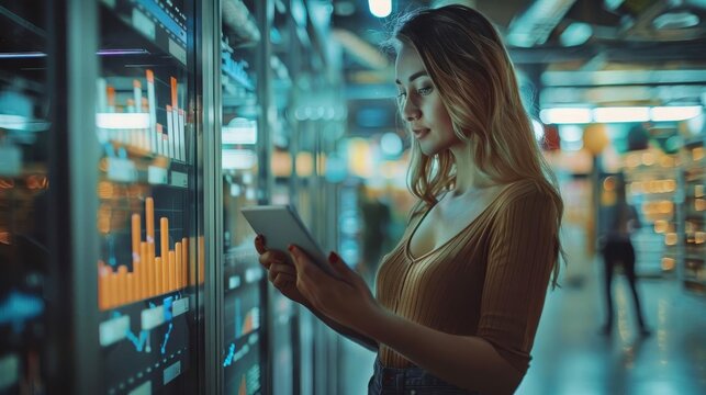 Young woman analyzing data on a tablet in a modern server room with digital graphs and charts displayed on screens.