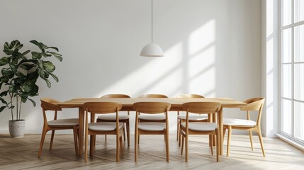 scandinavian-style dining room with minimalist wood furniture a sleek table and chairs, embodying elegant design aesthetics