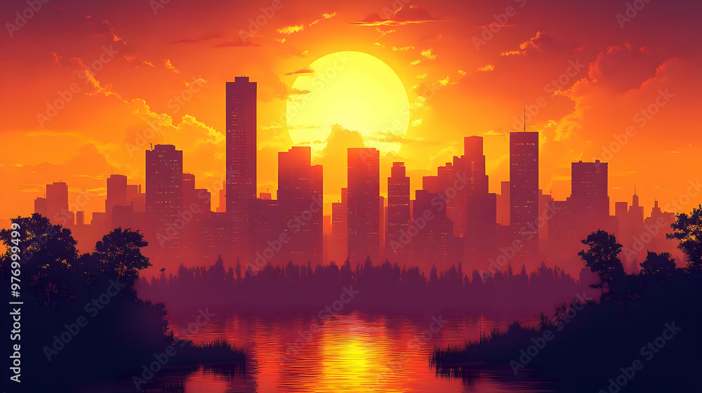 Poster A vibrant sunset casts an orange glow over a cityscape silhouetted against a lake and forest.