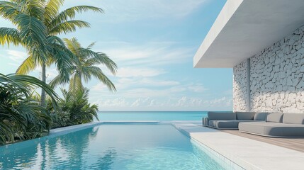 Fototapeta premium Stylish modern beach house, with private pool, panoramic view of the skies and sea, 3D rendering