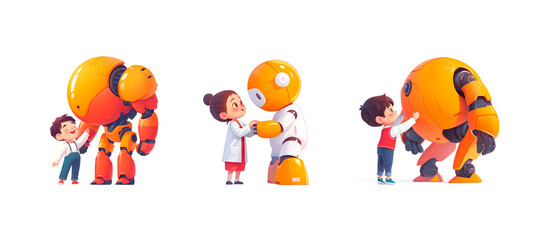 Fototapeta premium Children with big robot, technology in study set. Robotics communication. Cartoon 3d illustration cut on transparent background