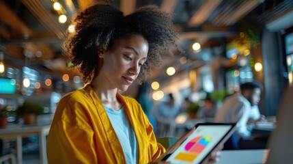 Professional woman analyzing data on tablet in modern coworking space. Creative work environment and technology integration.