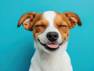 A smiling dog is winking with its eyes closed against a vibrant blue backdrop, capturing a joyful puppy moment.