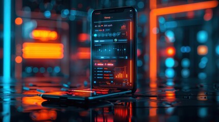 Futuristic smartphone with glowing data analytics displayed on the screen, set against a vibrant digital background.