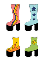 Set of trendy 1980 retro disco boots. Collection vintage shoes different design. Vector flat illustration.