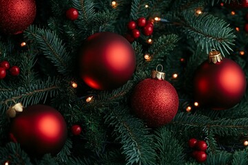 Above view on pine tree branches with Christmas fairy lights and red baubles