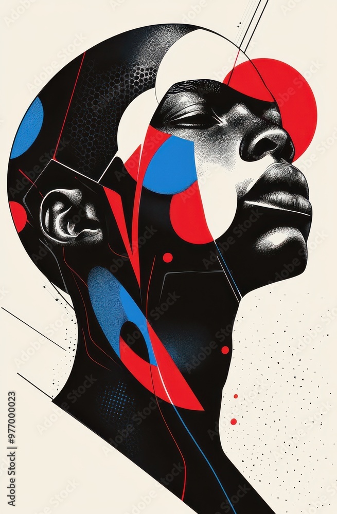 Poster a minimalist and dynamic illustration featuring abstract geometric shapes with bold colors and intri