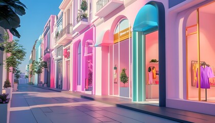 Fototapeta premium Vibrant shopping street with colorful storefronts and stylish displays, perfect for fashion and urban lifestyle themes.