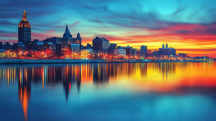 Obraz premium A vibrant sunset illuminates the cityscape, casting colorful reflections on the calm water.