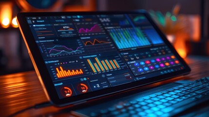 Modern digital dashboard displaying various analytic charts and graphs on a sleek computer screen, with a colorful, illuminated background.