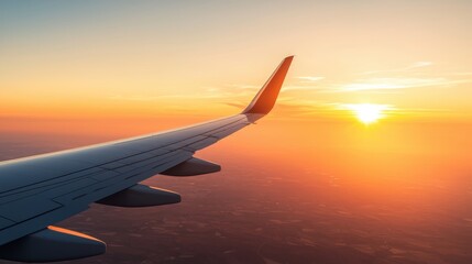 Fototapeta premium New Horizons: Airplane Wing, Sunrise, Traveler's Luggage - Adventure Concept with Copy Space, Ultra HD View from Window