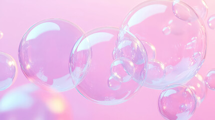 Aesthetic transparent soap bubbles floating on a pastel pink background. Detergents and cleaning products. Generative AI
