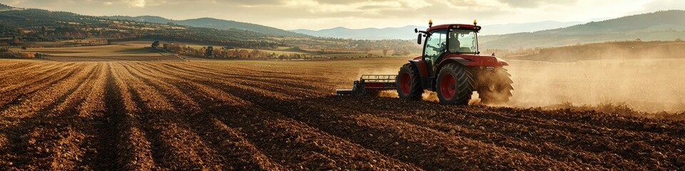 Fototapeta premium A farmer plowing rows with a tractor on a sunny day