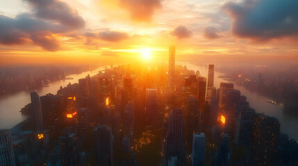 Fototapeta premium A vibrant sunset illuminates the skyline of New York City, casting a golden glow over the skyscrapers and the East River.
