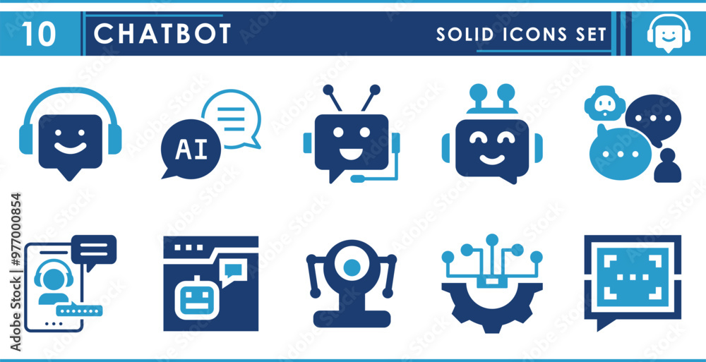 Poster a set of solid icons related to chatbot. chat, robot, talk, questions, solve, digital, and so on. ve