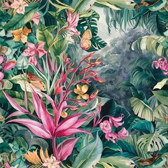 Tropical flowers pattern of exotic flower and plants. Realistic watercolor painting jungle: exotic flowers, butterfly and leaves. Exotic tropical background.