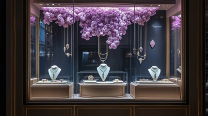 Jewelry Shop Window Display with Floral Decor