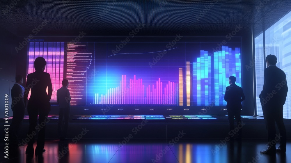 Leinwandbilder a 3d animated bar chart displayed on a large screen, showing real-time financial data and trends, wi