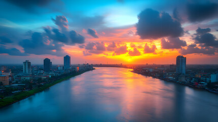 Fototapeta premium A vibrant sunset over a city skyline with a river in the foreground.