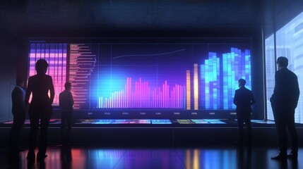 Fototapeta premium A 3D animated bar chart displayed on a large screen, showing real-time financial data and trends, with a team of professionals discussing the insights.